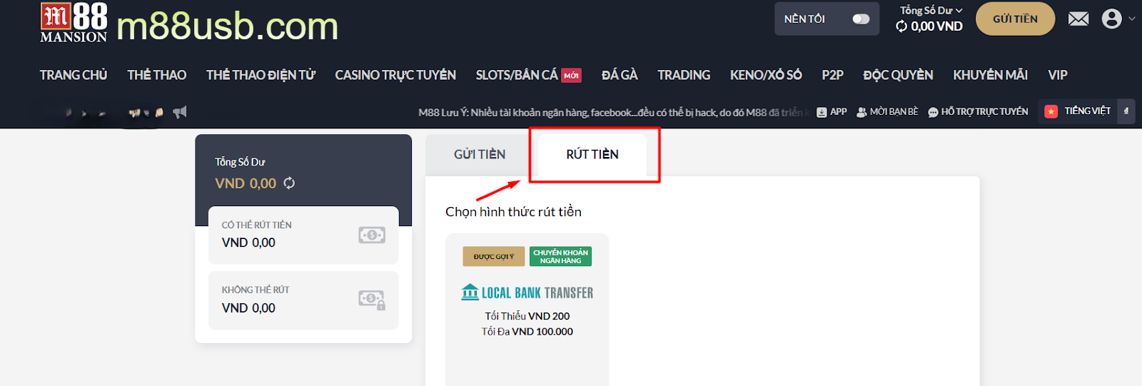Chọn tab “Rút tiền”